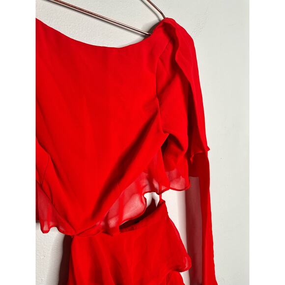 FAME & PARTNERS Red Chiffon Ruffle A-Line Mid-Cut Out Marse Gown Dress Size 2 - Picture 15 of 16